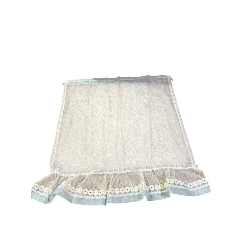 Vintage Sheer Curtain Panels Set Of 4 Eyelet Floral Lace Ruffle White Blue